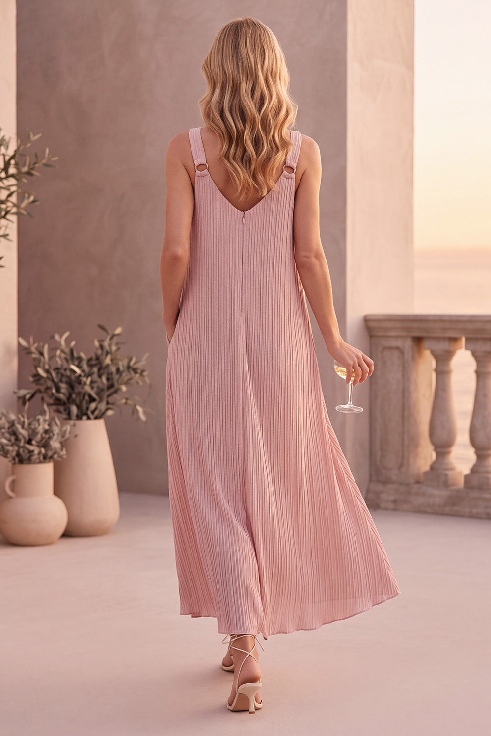 Dusty Rose Chiffon V-Neck Pleated Maxi Wedding Guest Dress with Pockets