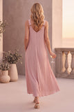 Dusty Rose Chiffon V-Neck Pleated Maxi Wedding Guest Dress with Pockets