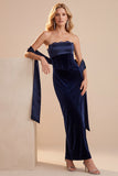 Navy Corset Velvet Strapless Sheath Maxi Wedding Guest Dress with Sash