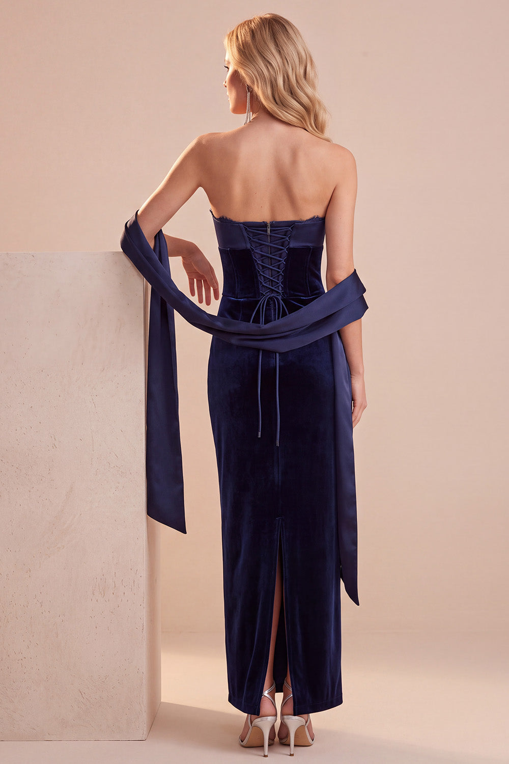 Navy Corset Velvet Strapless Sheath Maxi Wedding Guest Dress with Sash