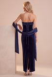 Navy Corset Velvet Strapless Sheath Maxi Wedding Guest Dress with Sash