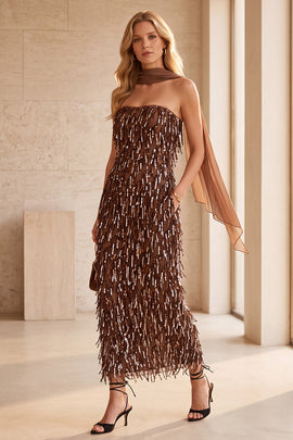 Sparkly Coffee Sequin Strapless Fringed Midi Wedding Guest Dress with Neck Scarf