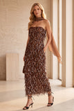 Sparkly Coffee Sequin Strapless Fringed Midi Wedding Guest Dress with Neck Scarf