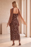 Sparkly Coffee Sequin Strapless Fringed Midi Wedding Guest Dress with Neck Scarf