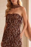 Sparkly Coffee Sequin Strapless Fringed Midi Wedding Guest Dress with Neck Scarf