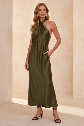 Halter Sheath Olive Satin Backless Maxi Wedding Guest Dress with Pockets