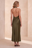 Halter Sheath Olive Satin Backless Maxi Wedding Guest Dress with Pockets