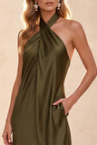 Halter Sheath Olive Satin Backless Maxi Wedding Guest Dress with Pockets