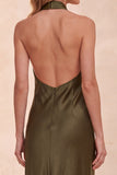 Halter Sheath Olive Satin Backless Maxi Wedding Guest Dress with Pockets