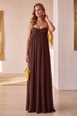 Coffee Chiffon Sheath Ruched Long Wedding Guest Dress