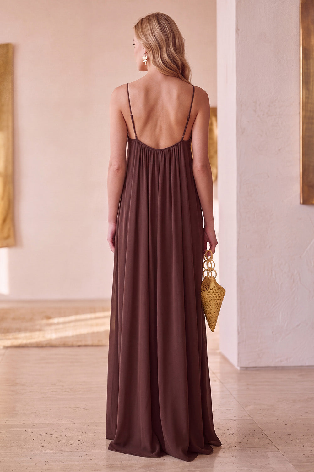 Coffee Chiffon Sheath Ruched Long Wedding Guest Dress