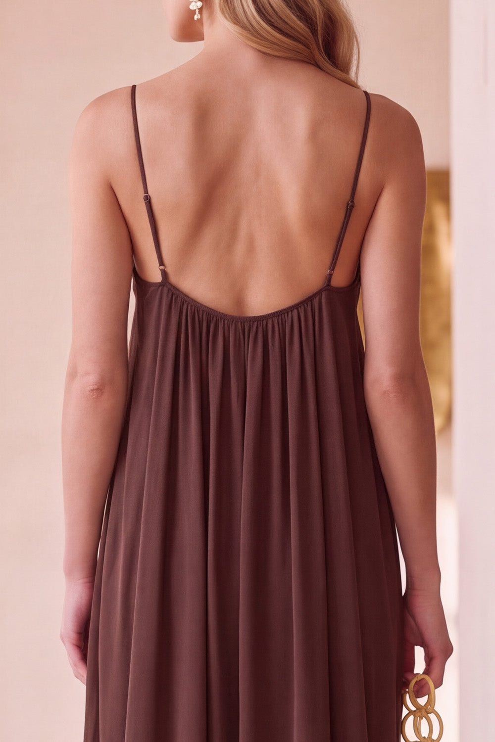 Coffee Chiffon Sheath Ruched Long Wedding Guest Dress