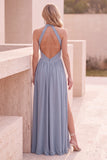 Dusty Blue A-Line Halter Long Wedding Guest Dress with Slit
