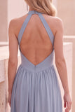 Dusty Blue A-Line Halter Long Wedding Guest Dress with Slit