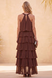 Coffee Halter Tiered Ruffled Chiffon Maxi Wedding Guest Dress with Beading
