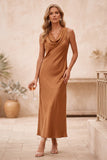 Burnt Orange Satin Sheath Cowl Neck Maxi Wedding Guest Dress with Lace