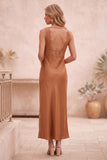 Burnt Orange Satin Sheath Cowl Neck Maxi Wedding Guest Dress with Lace