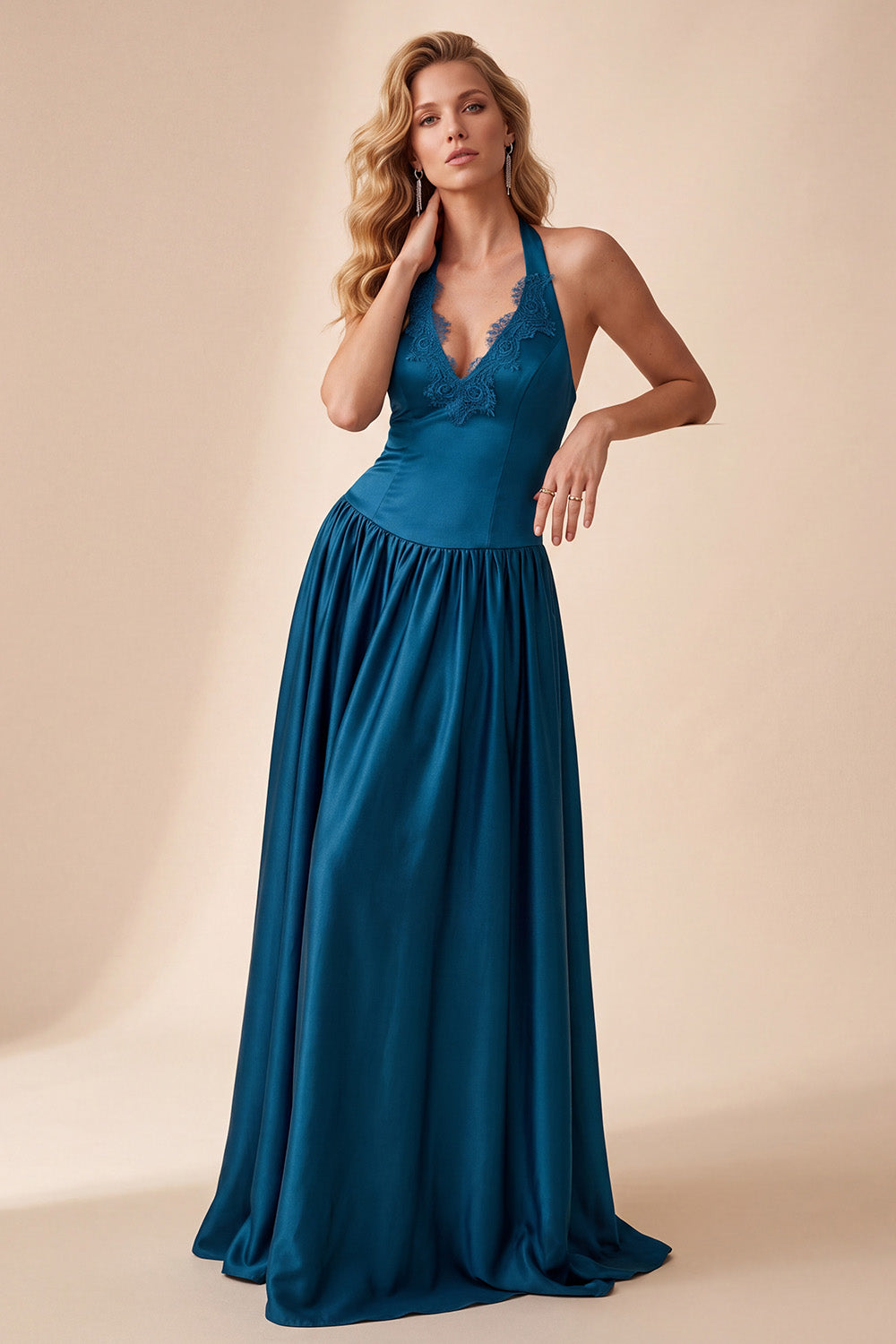 A-Line Halter Peacock Blue Ruched Satin Long Wedding Guest Dress with Lace
