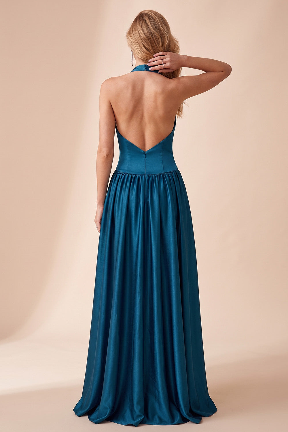 A-Line Halter Peacock Blue Ruched Satin Long Wedding Guest Dress with Lace