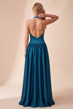 A-Line Halter Peacock Blue Ruched Satin Long Wedding Guest Dress with Lace