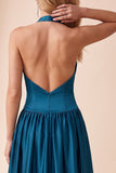 A-Line Halter Peacock Blue Ruched Satin Long Wedding Guest Dress with Lace