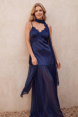 Navy V-Neck Satin Long Wedding Guest Dress with Neck Scarf