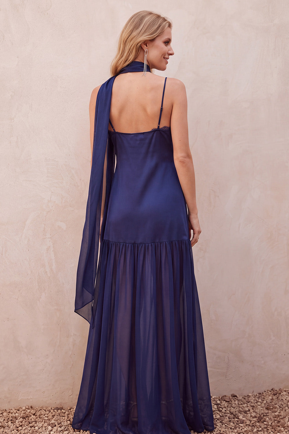 Navy V-Neck Satin Long Wedding Guest Dress with Neck Scarf