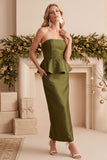 Olive Satin Sheath Ruffled Maxi Wedding Guest Dress with Beading