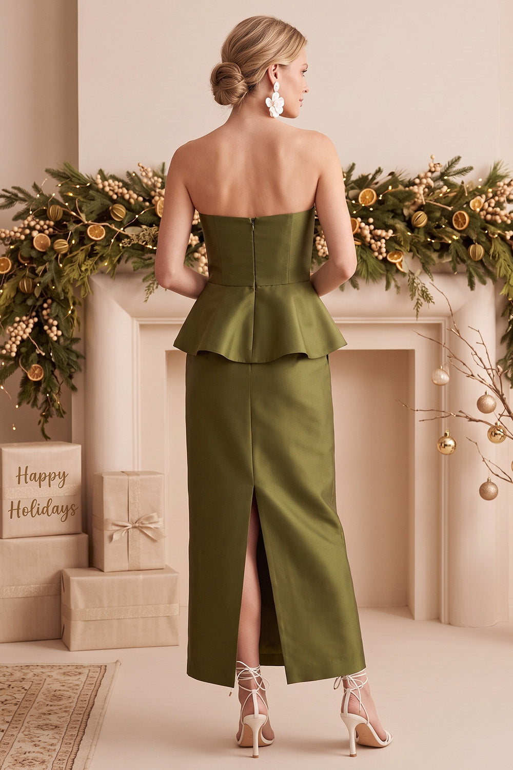 Olive Satin Sheath Ruffled Maxi Wedding Guest Dress with Beading