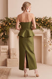 Olive Satin Sheath Ruffled Maxi Wedding Guest Dress with Beading