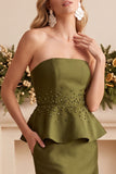 Olive Satin Sheath Ruffled Maxi Wedding Guest Dress with Beading