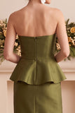 Olive Satin Sheath Ruffled Maxi Wedding Guest Dress with Beading