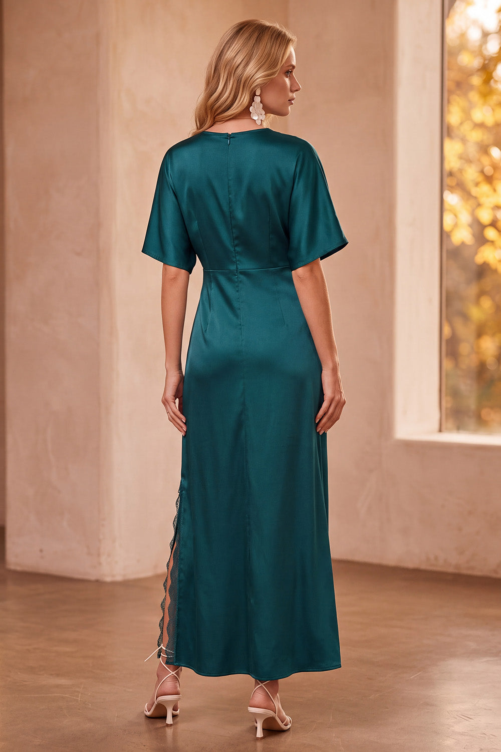 Peacock Blue Satin V-Neck Half Sleeves Maxi Wedding Guest Dress with Lace
