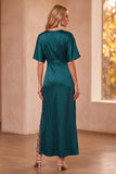 Peacock Blue Satin V-Neck Half Sleeves Maxi Wedding Guest Dress with Lace