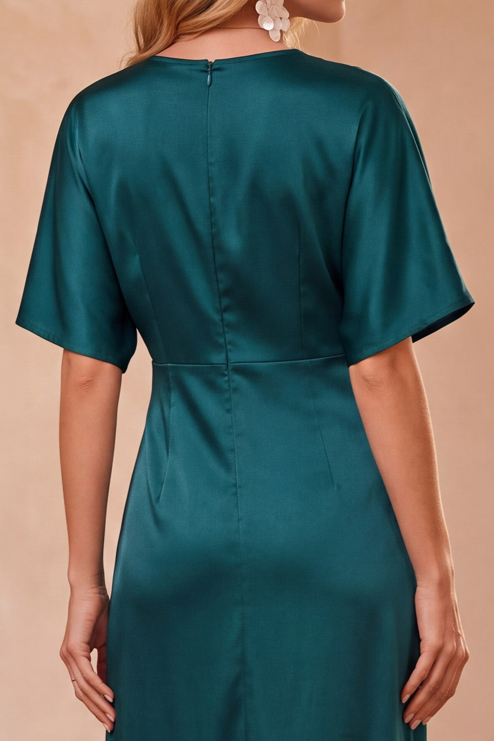 Peacock Blue Satin V-Neck Half Sleeves Maxi Wedding Guest Dress with Lace