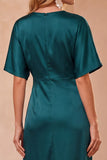Peacock Blue Satin V-Neck Half Sleeves Maxi Wedding Guest Dress with Lace