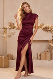 Burgundy Sheath Satin Cap Sleeves Ruched Maxi Wedding Guest Dress with Slit