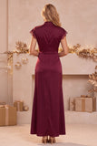 Burgundy Sheath Satin Cap Sleeves Ruched Maxi Wedding Guest Dress with Slit