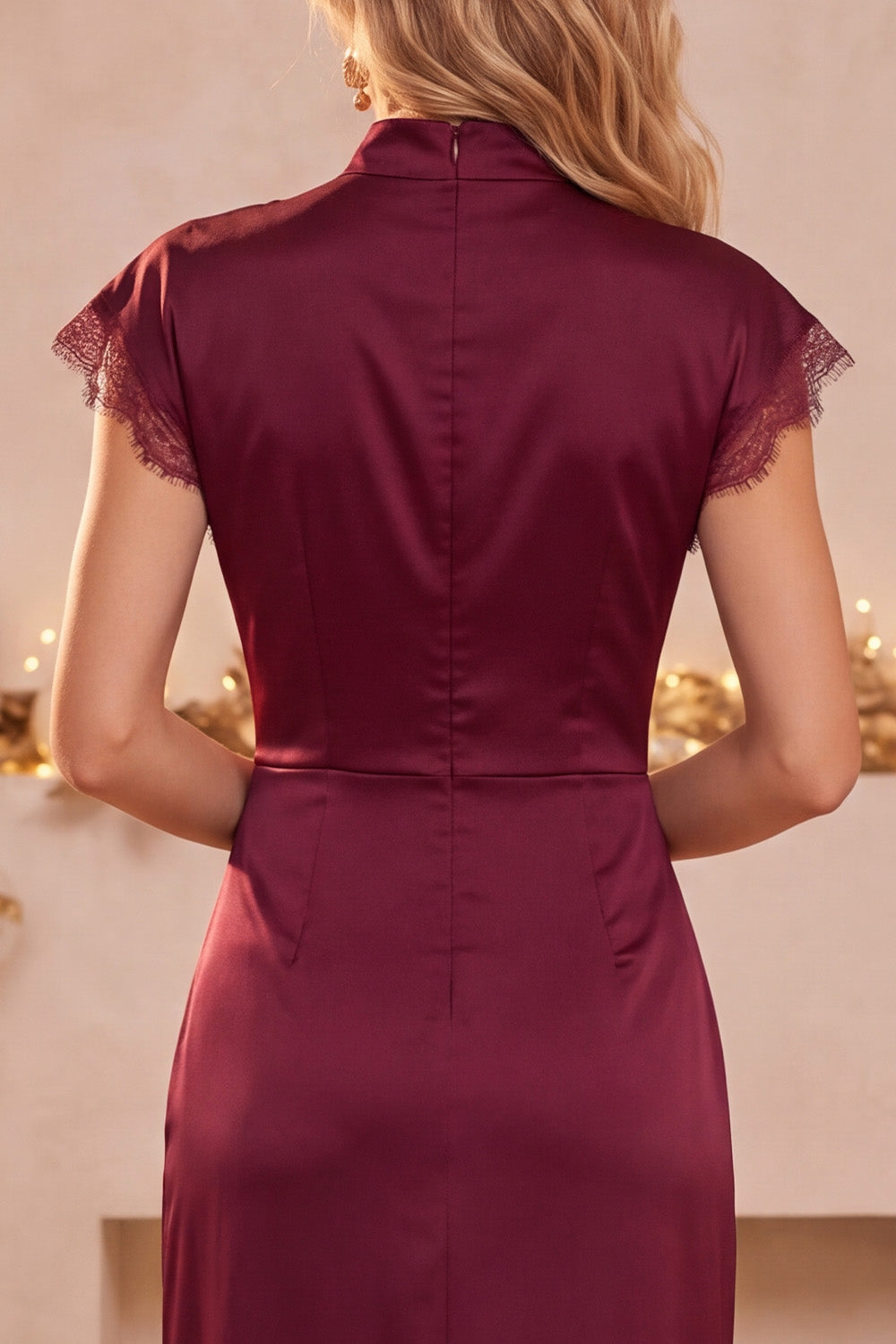 Burgundy Sheath Satin Cap Sleeves Ruched Maxi Wedding Guest Dress with Slit