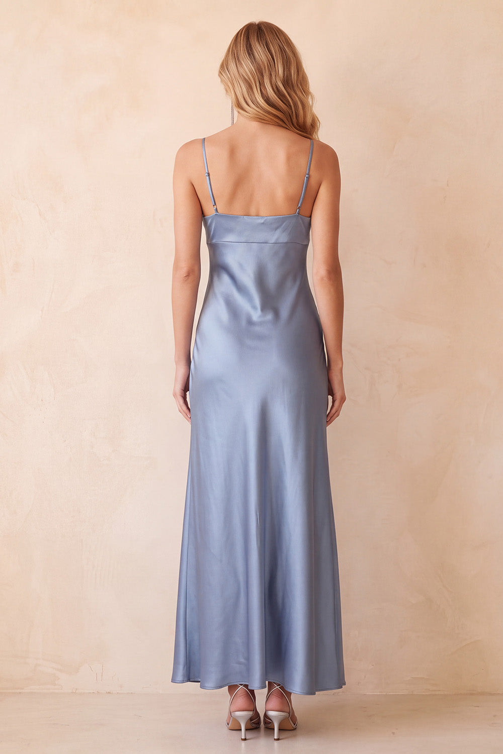 Sheath Spaghetti Straps Dusty Blue Satin Maxi Wedding Guest Dress with Lace