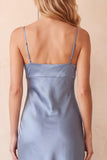 Sheath Spaghetti Straps Dusty Blue Satin Maxi Wedding Guest Dress with Lace
