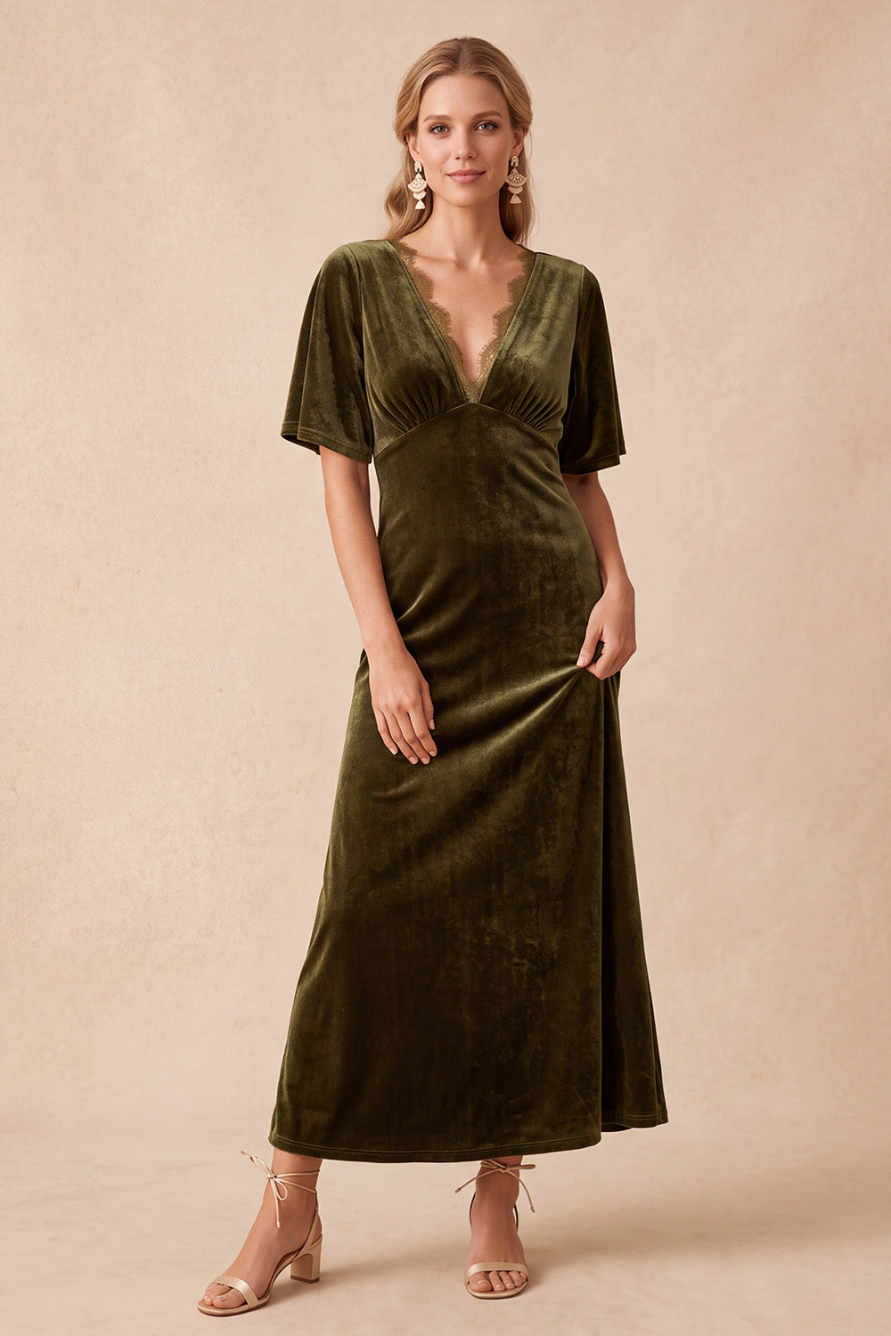 Olive Velvet V-Neck Half Sleeves Maxi Wedding Guest Dress with Lace
