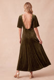 Olive Velvet V-Neck Half Sleeves Maxi Wedding Guest Dress with Lace