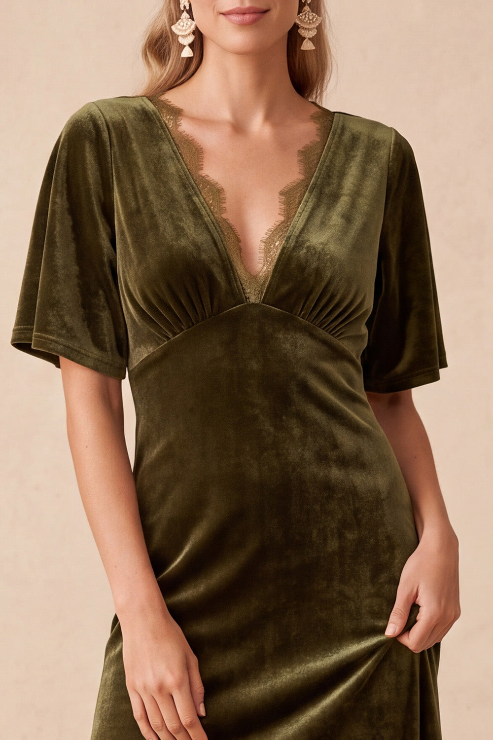 Olive Velvet V-Neck Half Sleeves Maxi Wedding Guest Dress with Lace