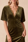 Olive Velvet V-Neck Half Sleeves Maxi Wedding Guest Dress with Lace