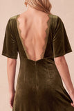 Olive Velvet V-Neck Half Sleeves Maxi Wedding Guest Dress with Lace
