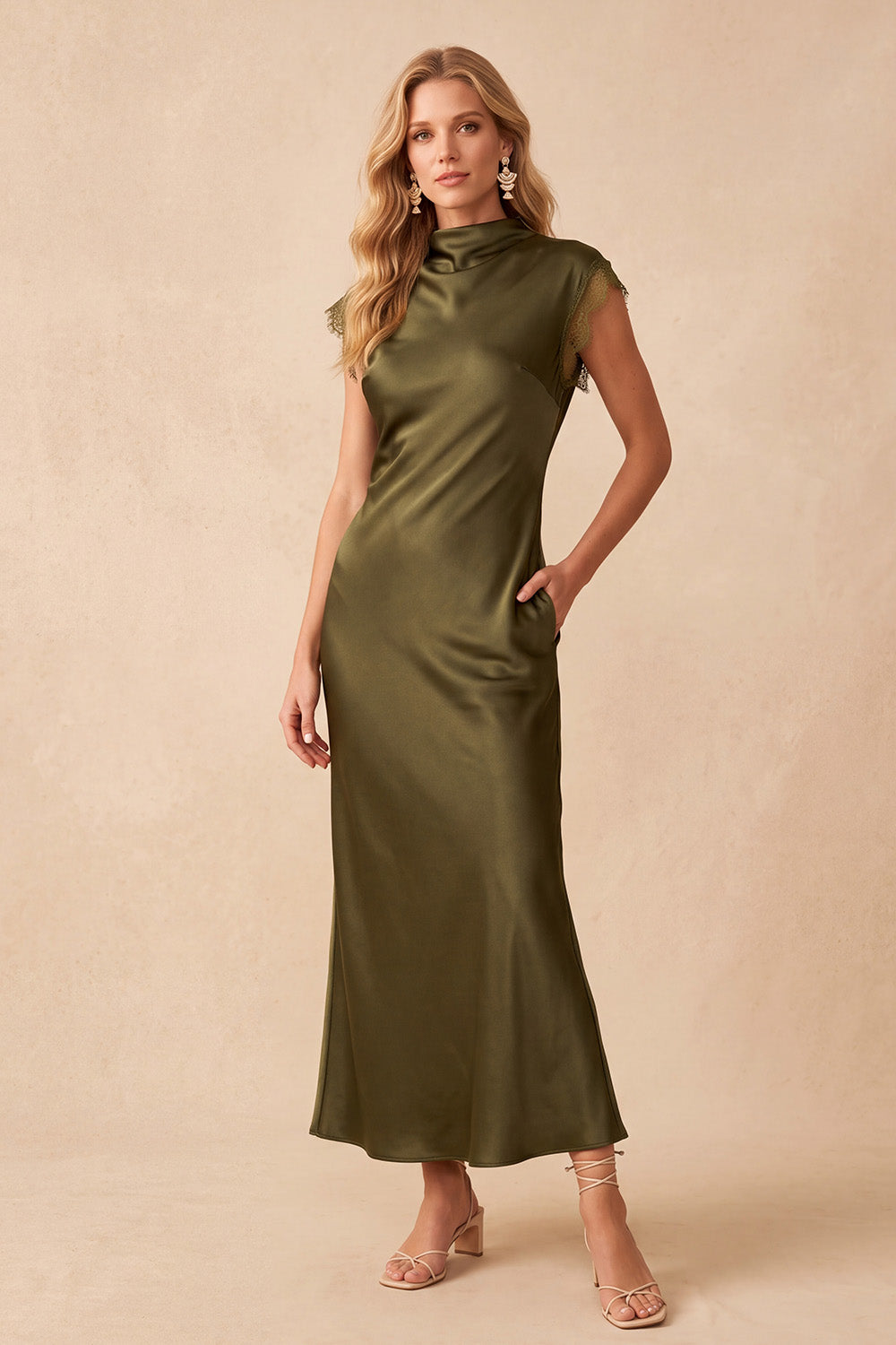 Olive Satin Sheath Cap Sleeves Keyhole Maxi Wedding Guest Dress with Lace