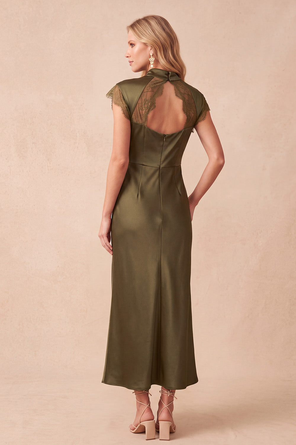 Olive Satin Sheath Cap Sleeves Keyhole Maxi Wedding Guest Dress with Lace