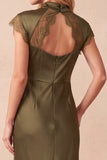 Olive Satin Sheath Cap Sleeves Keyhole Maxi Wedding Guest Dress with Lace