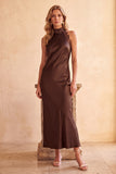 Coffee Sheath High Neck Keyhole Satin Maxi Wedding Guest Dress with Lace